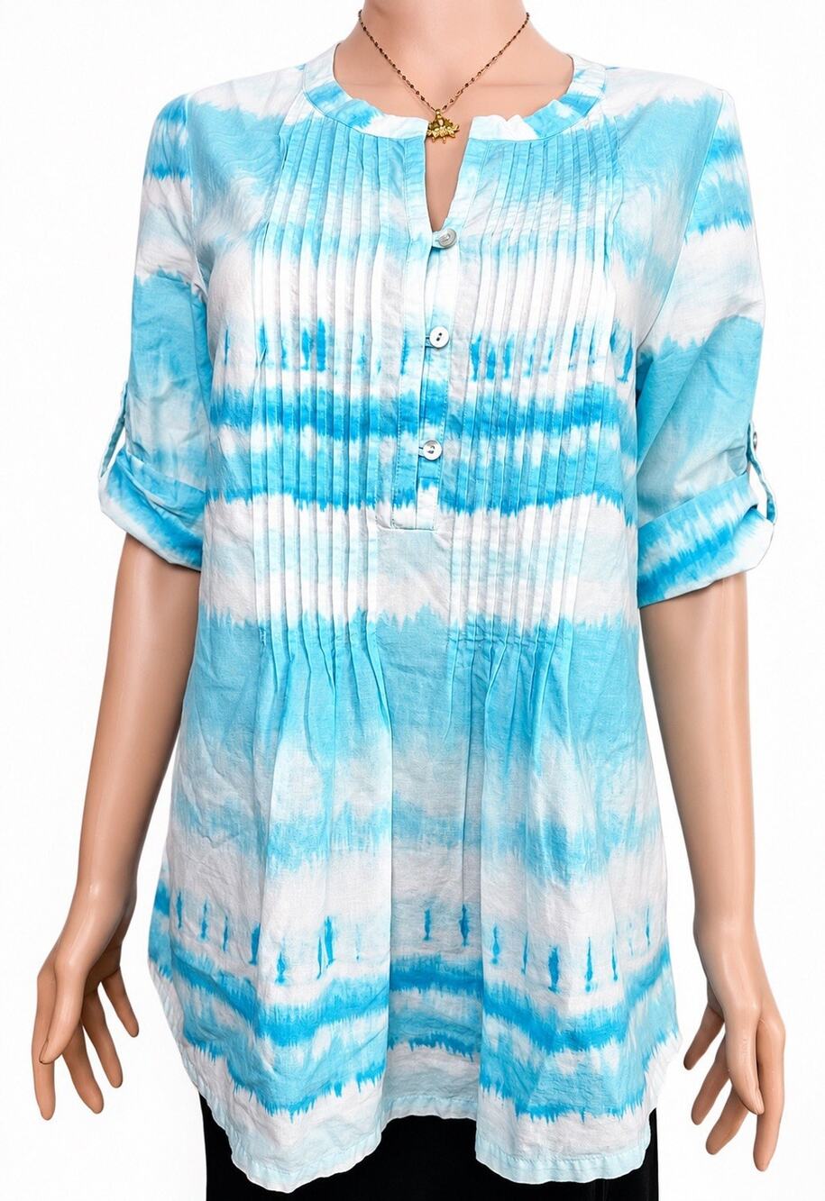 J Jill XS Blue White Tie Dye 100% Cotton Tunic Blouse Pleated 3/4 Sleeve
